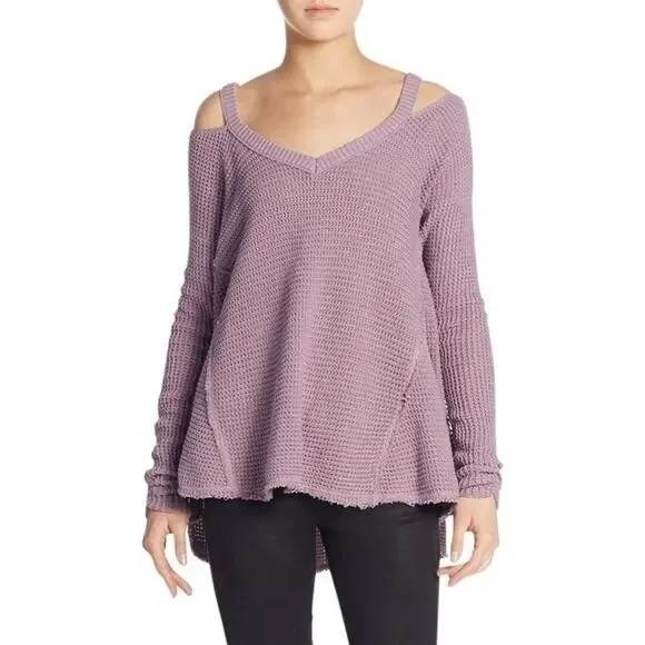 Free People Moonshine Cold Shoulder Waffle Sweater Purple Cotton Size Medium - Picture 4 of 4